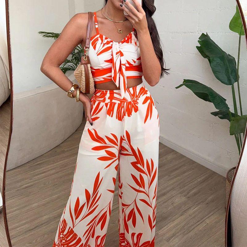 Fd2106 Amazon 2025 Spring and Summer New Cross-Border Women s Fashion Sexy Printed Halter Top Wide-Leg Suit Orange S