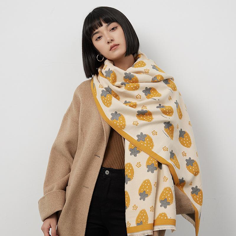 Korean Version Cute Strawberry Imitation Cashmere Scarf Women'S Long Travel Sunscreen Printed Fringed Medium Long Shawl