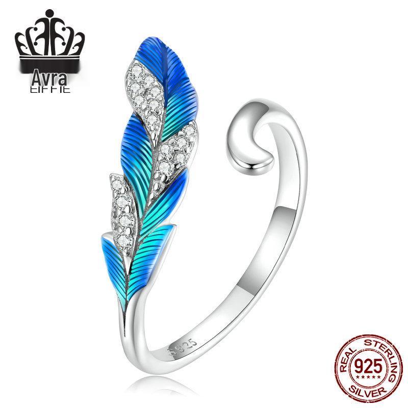 

Avle S925 Sterling Silver Feather Ring with Blue-Green Gradient Oil-Drop Zircon, Platinum Plated Adjustable Open Size