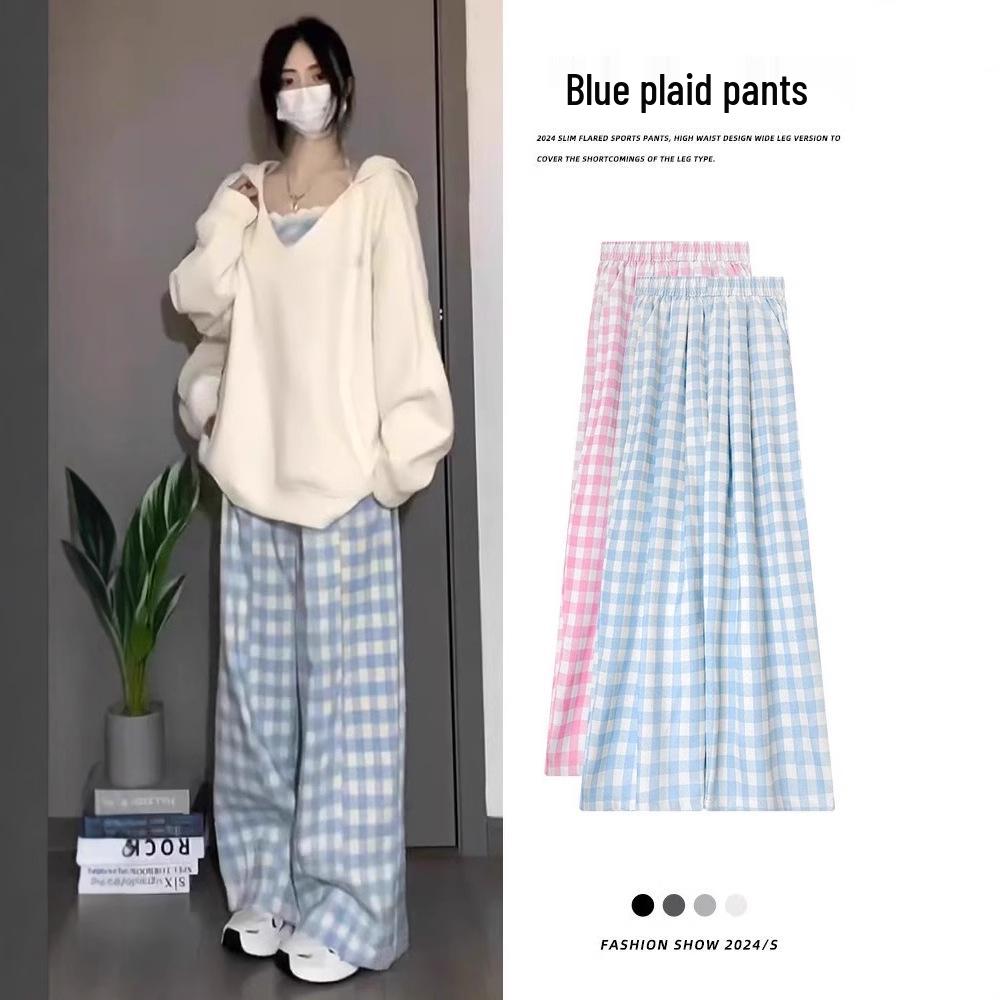 

Women s High-Waisted Blue Plaid Wide-Leg Pants - Spring/Summer 2025 Collection L