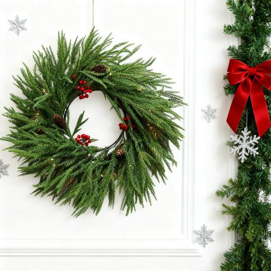 Yousheng Pre-lit Artificial Christmas Garland with LED Lights Real Touch Winter Greenery Pine Garland with Red Berries for Table Mantle Fireplace