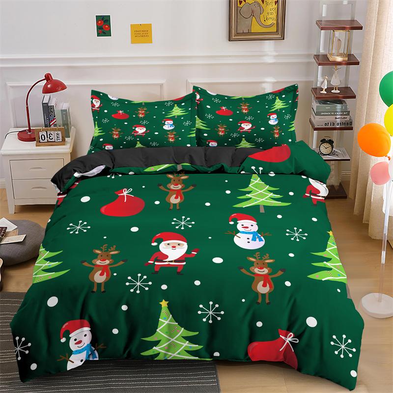 3D God Jul Kung Drottning Sängklädesset Barn Tecknad Jultomte Snögubbe Ren Täcköver XMAS Påslakan Polyester Quiltöverdrag
