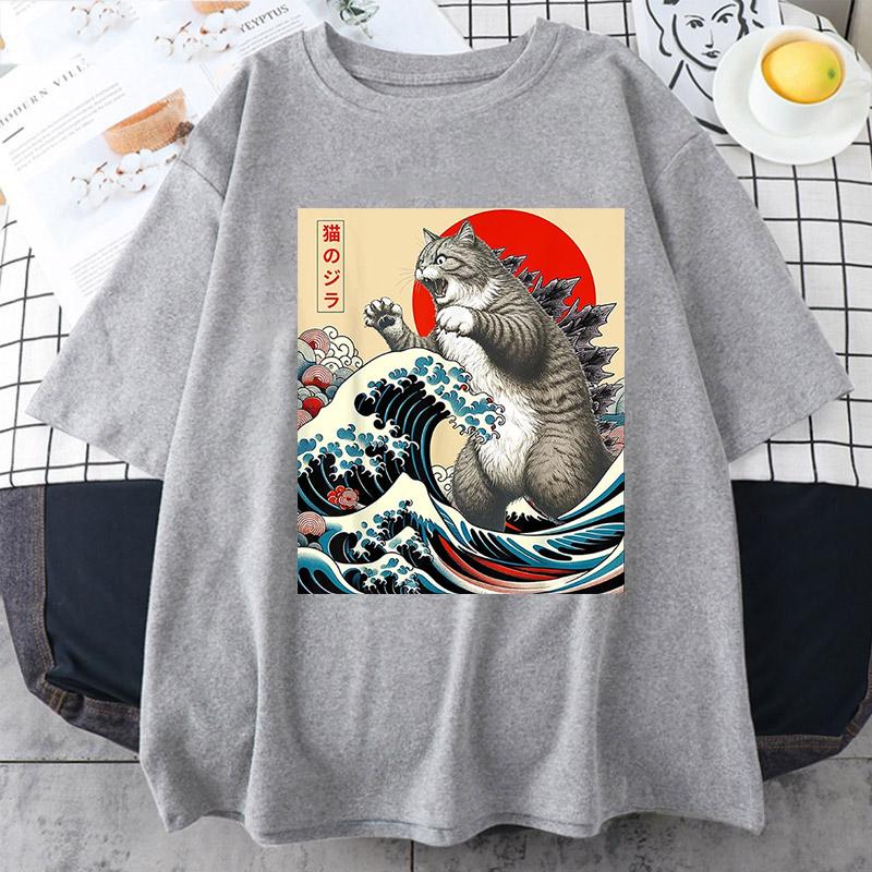 Anime Japanese Art Catzilla Cat Funny Cat Summer Sport T-Shirt Unisex Cartoon T Shirt O-neck Tops Tees Fashion Fitness T Shirt