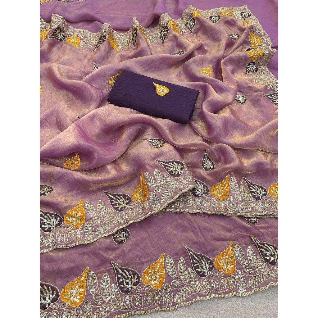 Saris purs et doux en satin Fandy avec d'incroyables sequins de 3 mm et du travail au fil multicolore