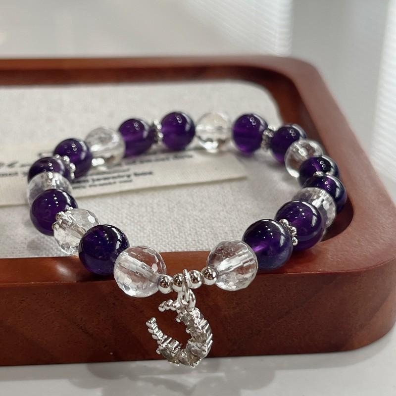 Handmade Purple Amethyst Beaded Bracelet Women With Moon Charm Clear Quartz Faceted Beads Elegant Lightweight Gift Beads 8mm