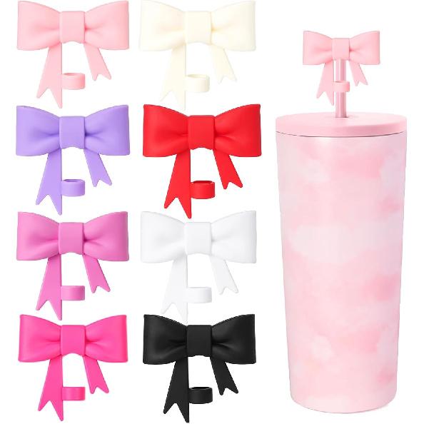 6 Pcs 8mm Cute Bow Straw Covers Cap Toppers Lids Compatible with Stanley Tumbler Cups,Reble Cute Silicone StrawTips Protectors for Reble