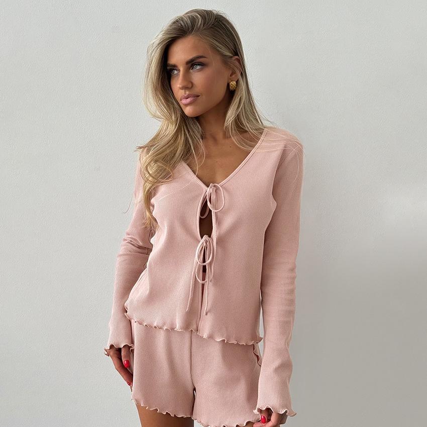 2024 Summer Sexy Cardigan & Knitted Long Sleeve Shorts Women's Soft Pajama Set