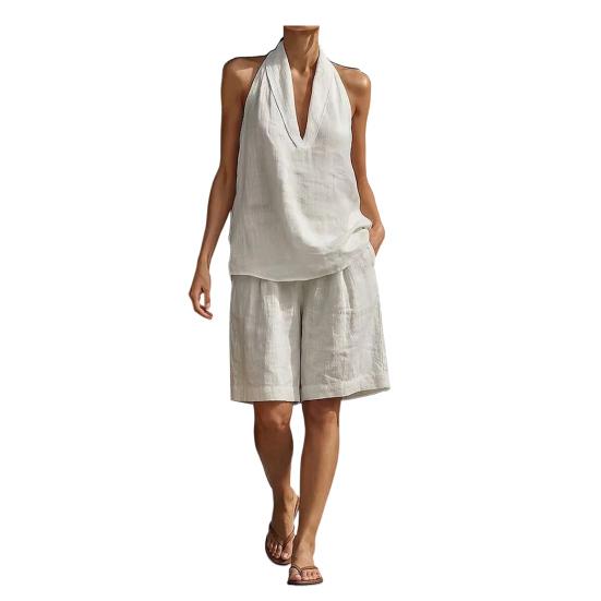 Damen 2-teilige Outfits Ärmelloses Neckholder V-Ausschnitt Tanktop und Shorts Passende Sets Sommer Locker Urlaubs Lounge Sets mit Taschen