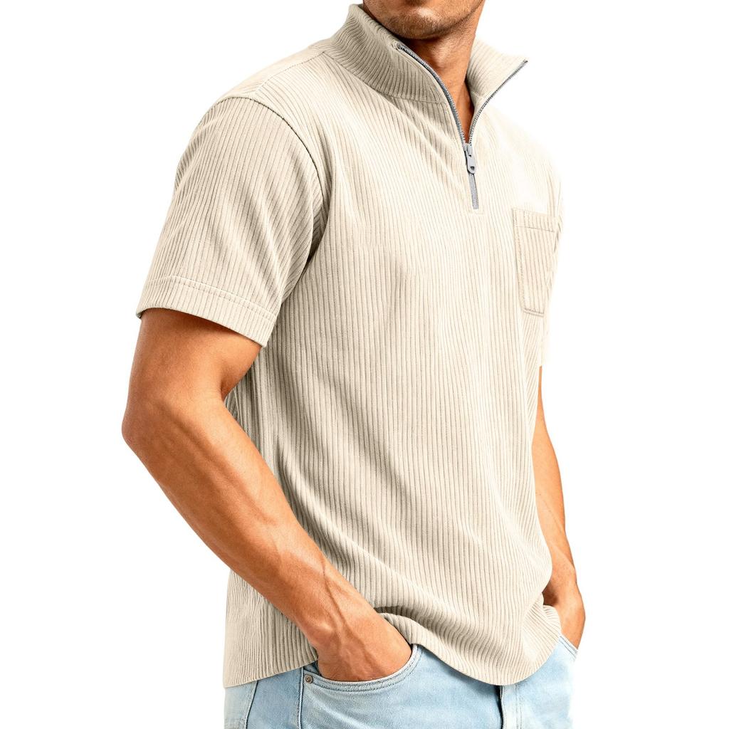 Men's 1/4 Zip Corduroy Short Sleeve Top | Loose Fit Fashion Casual Pullover For Daily Wear