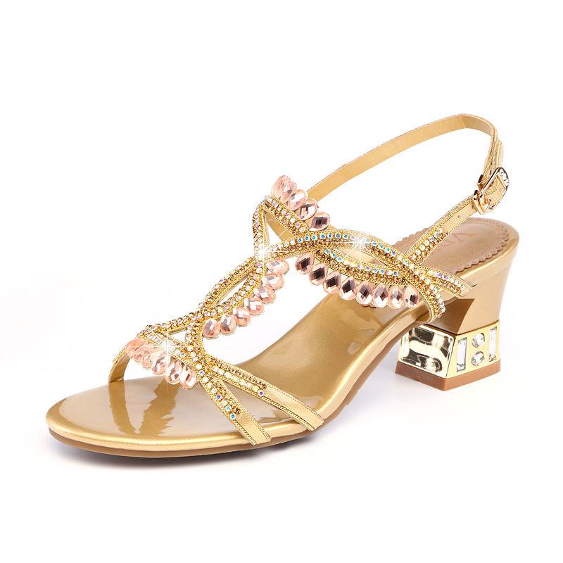 Mode Vasaras Sieviešu Mode Atvērts purngals Mirdzošs Rhinestone Sprādze Biezas Augstpapēžu Sandales Rhinestone Gladiator Kāzu kleitas Kurpes