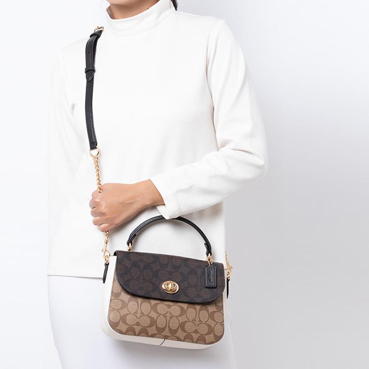 Coach Marlie 24 Color Block Turn-Lock Signature Canvas And Leather Small Cambridge Satchel Bag Women Handbags Black Dark-Brown C1563-IMNOX