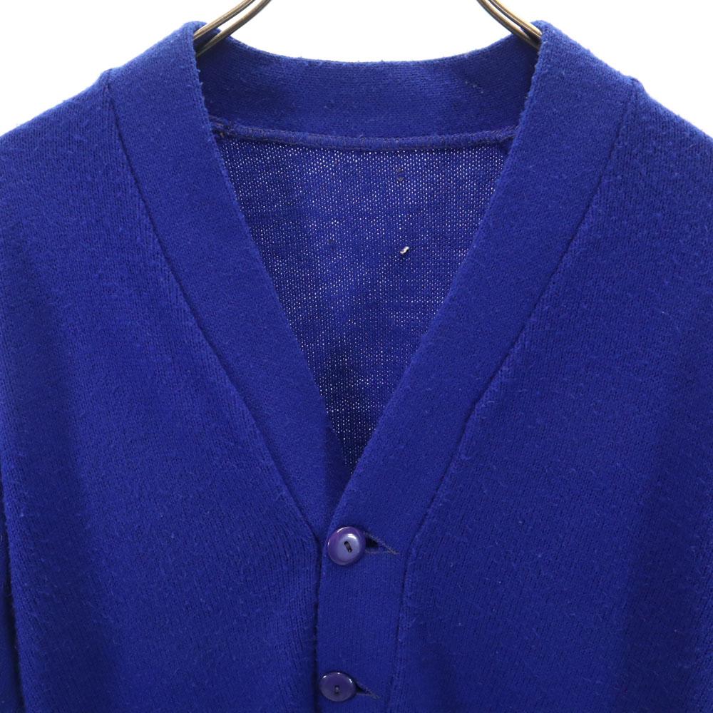 VINTAGE 70s Lathered College V neck knit cardigan blue 3 Lines Men's Used