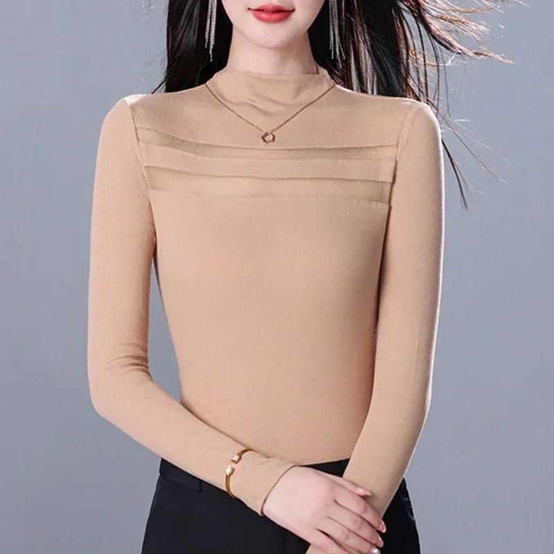 Herbst Bodenbildung Gestricktes T-shirt Frau Langarm Solide Frauen T-shirt Slim Fit Hälfte Rollkragen T-shirts Beiläufige Dünne Tees 29839