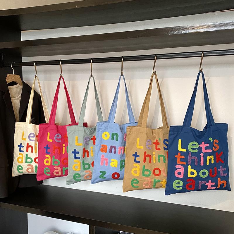 2025 New Shoulder Canvas Bag Ins Style Versatile Tote Bag Casual Commuting Simple Embroidered Letter Big Bag