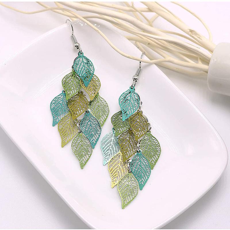 Vintage Colorful Hollow Leaf Drop Dangle Earrings For Women Girls 2023 Fashion Jewelry Lightweight Long Boho Delicate Earrings
