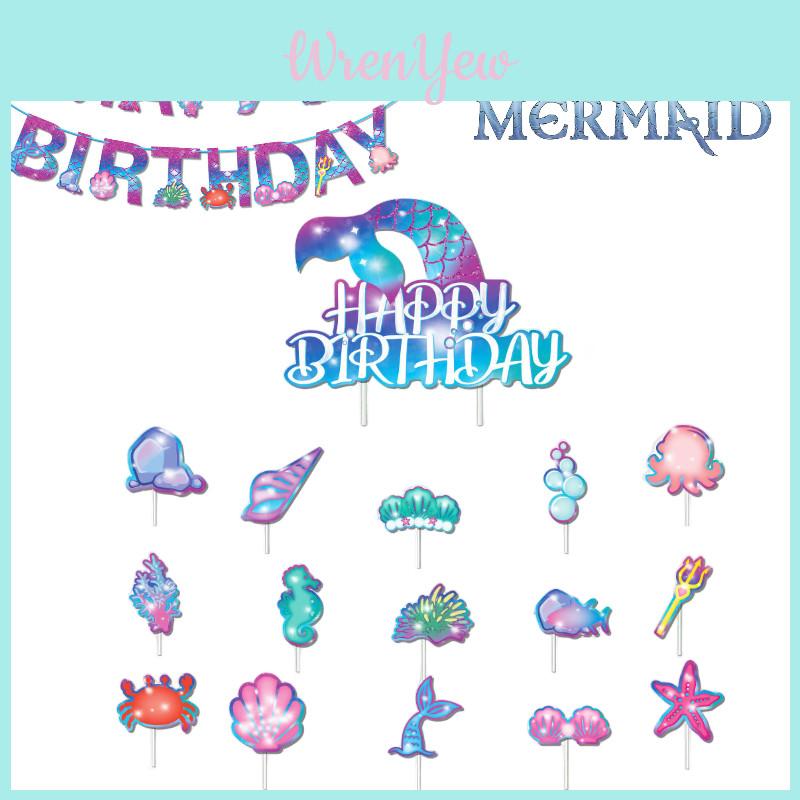 Ocean Theme Party Supplies Mermaid Birthday Celebration Banner And Cake Decorations