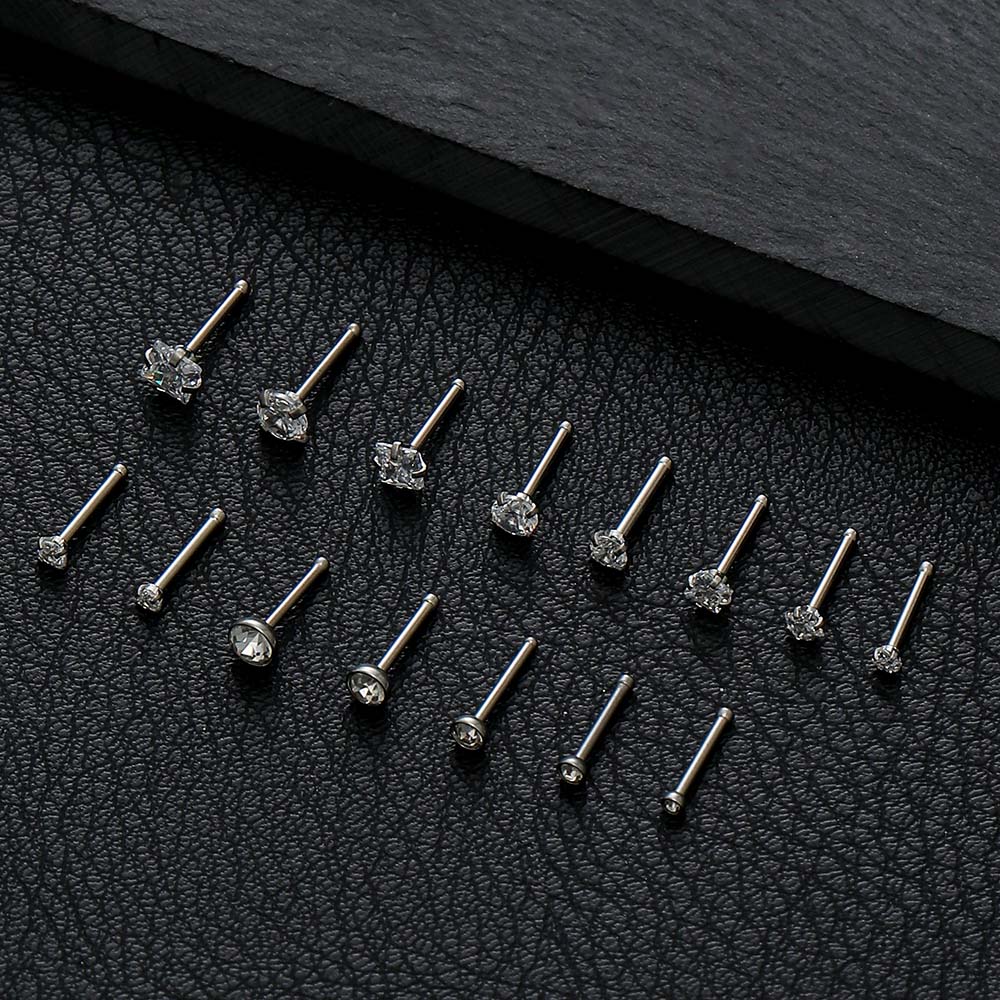 15pcs Stainless Steel L Nose Rings Studs Square Round Diamond CZ Nostril Piercing Jewelry with Zircon Stone for Weddings Gifts