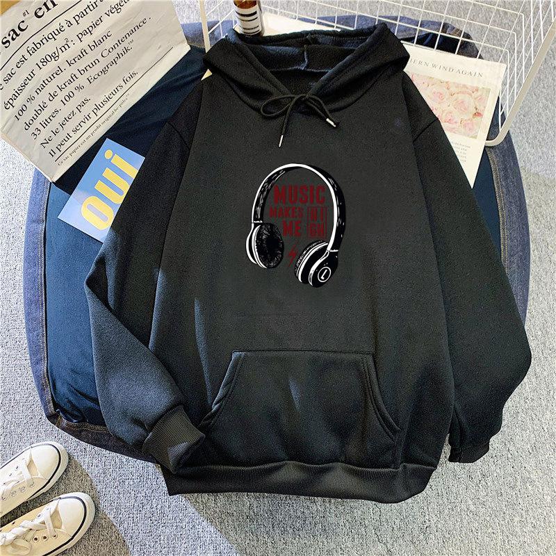 Ladies Spring Autumn Casual Sports Hooded Long Sleeve Big Pocket Headset Printed Pullover Hoodies Sweatshirt Top