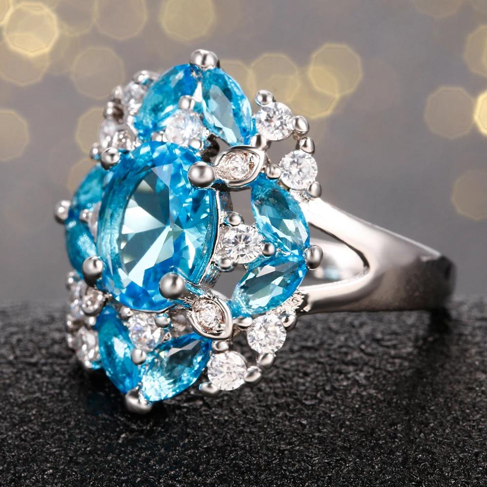 Vintage Floral Natural Blue Topaz  Plated Ring Multi-Gemstone White Zircon Paved Statement Rings Women Fine Jewelry Wedding