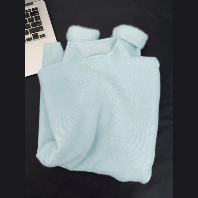 White Knitted Fleece Lined Half High Collar Sweater Women's Fashion Autumn Winter Inner Wear Base Shirt Integrated Fleece Top