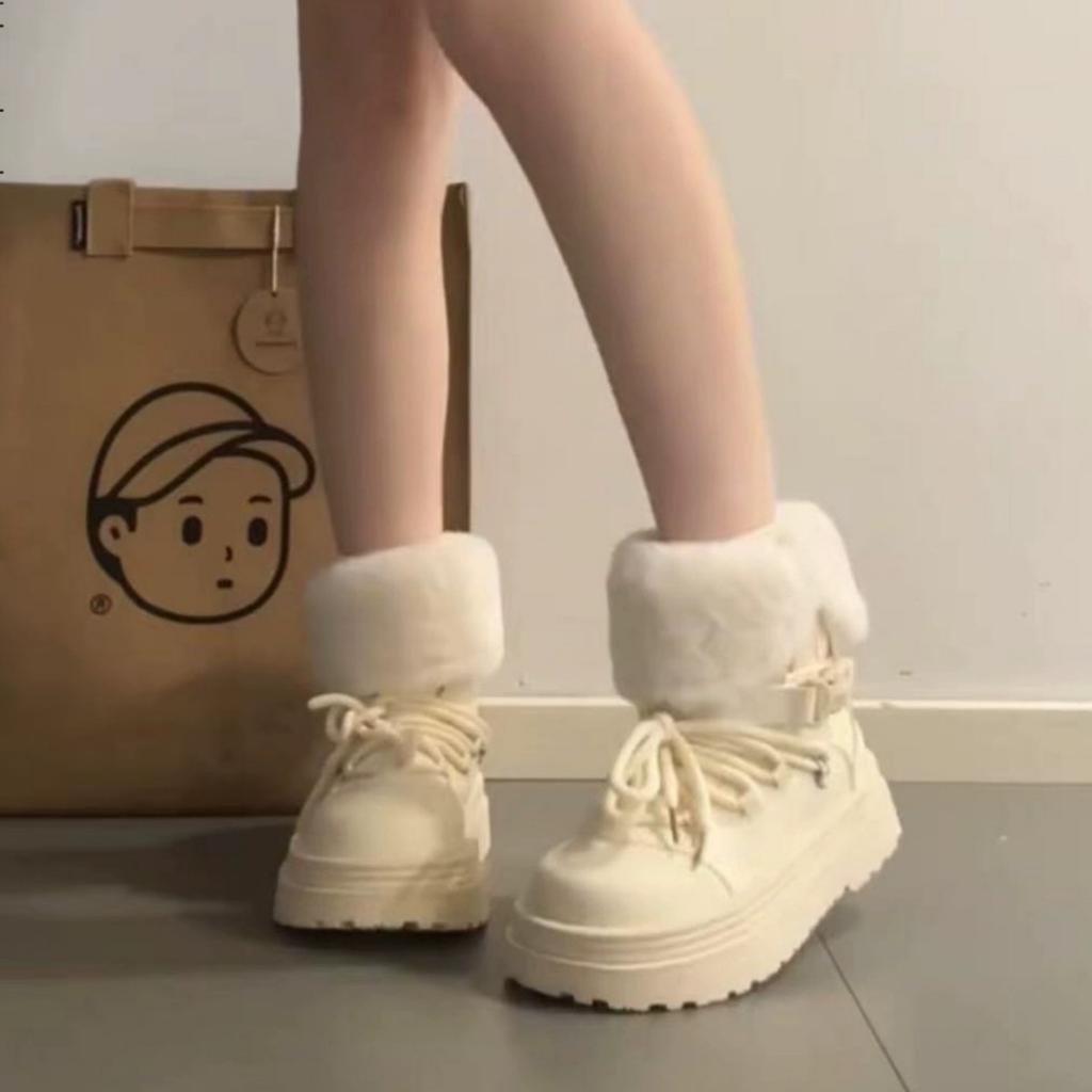 Cowhide Version with Two Turned Hairs, Wearing Thick-soled Snow Boots, Women's New Velvet and Thickened Cotton Shoes In Winter