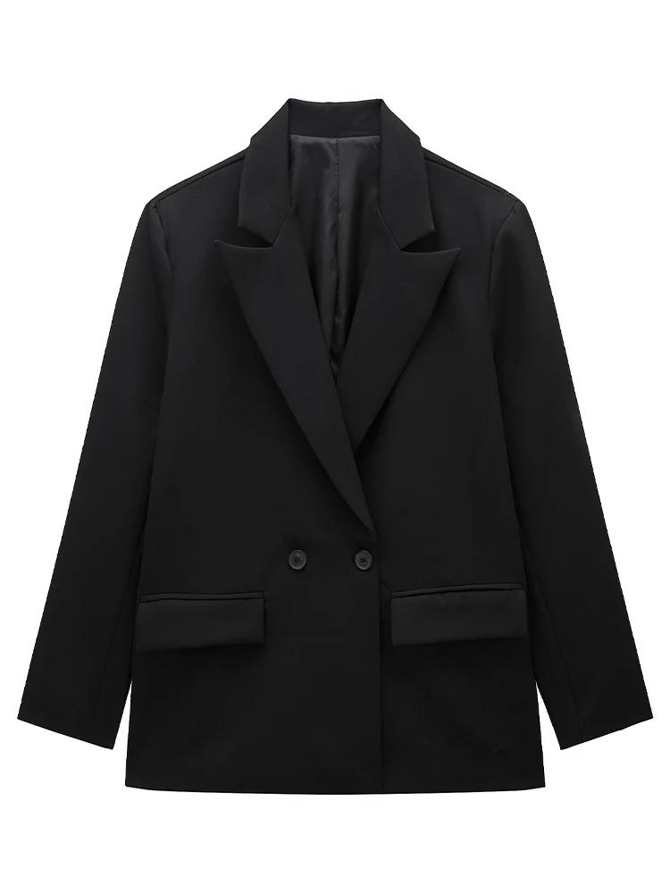 Women Parkas Fashion with Pockets Solid Double Breasted Blazer Vintage Long Sleeves Notched Neck Female Office Lady Outfits