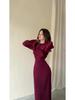 Elegant 2024 Solid Color Pleated Skirt Dress with Waist-Cinching and Hip-Hugging Fit, Long Sleeve European and American Style