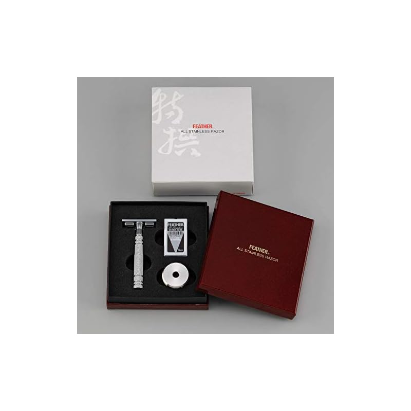 Feather Safety Razor, Special Selection, Double-Edged, All-Stainless Steel, Razor N, Made In Japan, Includes Dedicated Stand and 2 Replacement Blades,