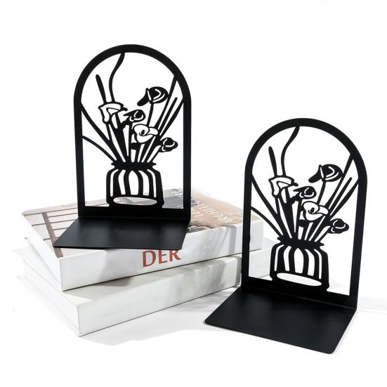 2 Stück Bücherregal-Buchstützen, hohle Blumen, geschnitztes Muster, Vase, Buchstützen, L-förmiges Design, rutschfester Buchhalter