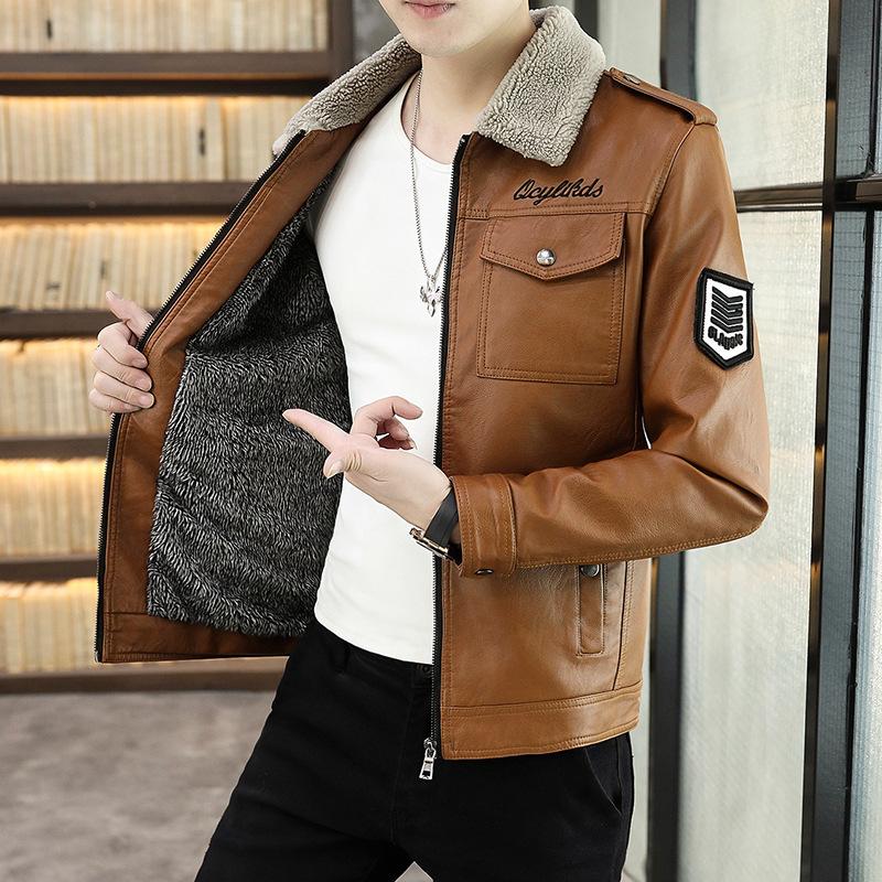 New men's leather jacket, Korean version, slim, trendy, young and handsome, casual winter plus fur collar leather jacket