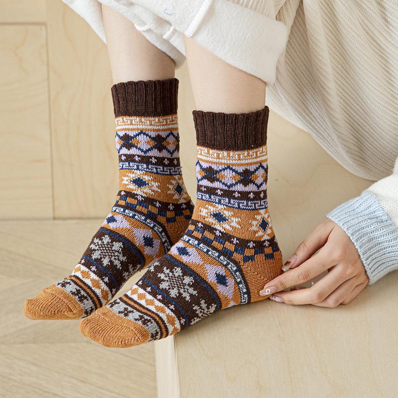 5/10 Pairs Women Ethnic Octagonal Pattern Wool Socks Autumn Winter Thick Warm Mid Calf Cotton Socks