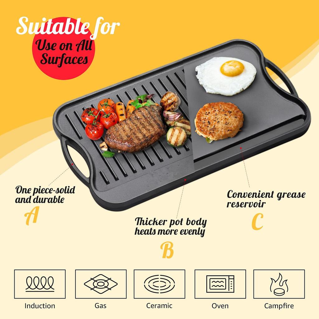 Pre-Seasoned Cast Iron Reversible Rectangular Grill Two-in-one Griddle 20 X10 Inch For Fried Steak and Fried Egg Frying Pan