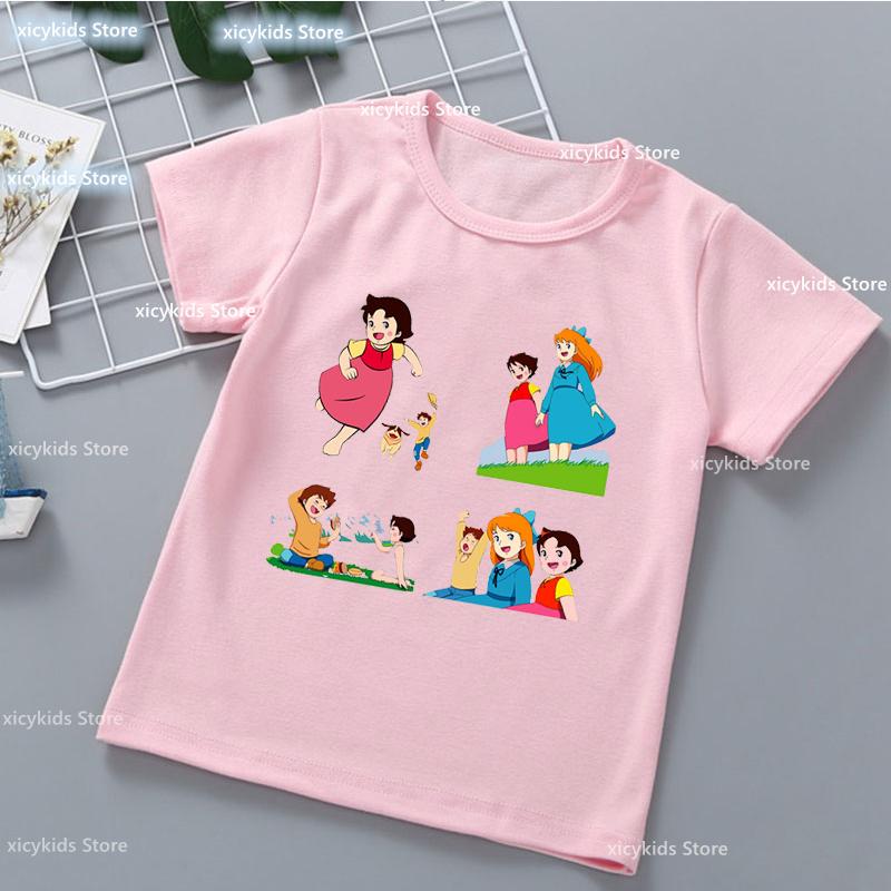 Kawaii Girls T-Shirt Funny Heidi And Family Cartoon Print Kids Summer Shirt Tops Fashion Girls Clothes Cute Kids Clothes Tshirt