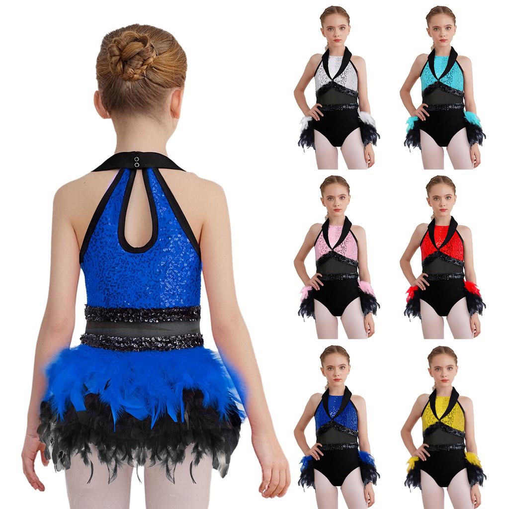 Kids Stage Performance Costume Turn-Down Collar Sleeveless Sheer Mesh Keyhole Back Sequins Leotard