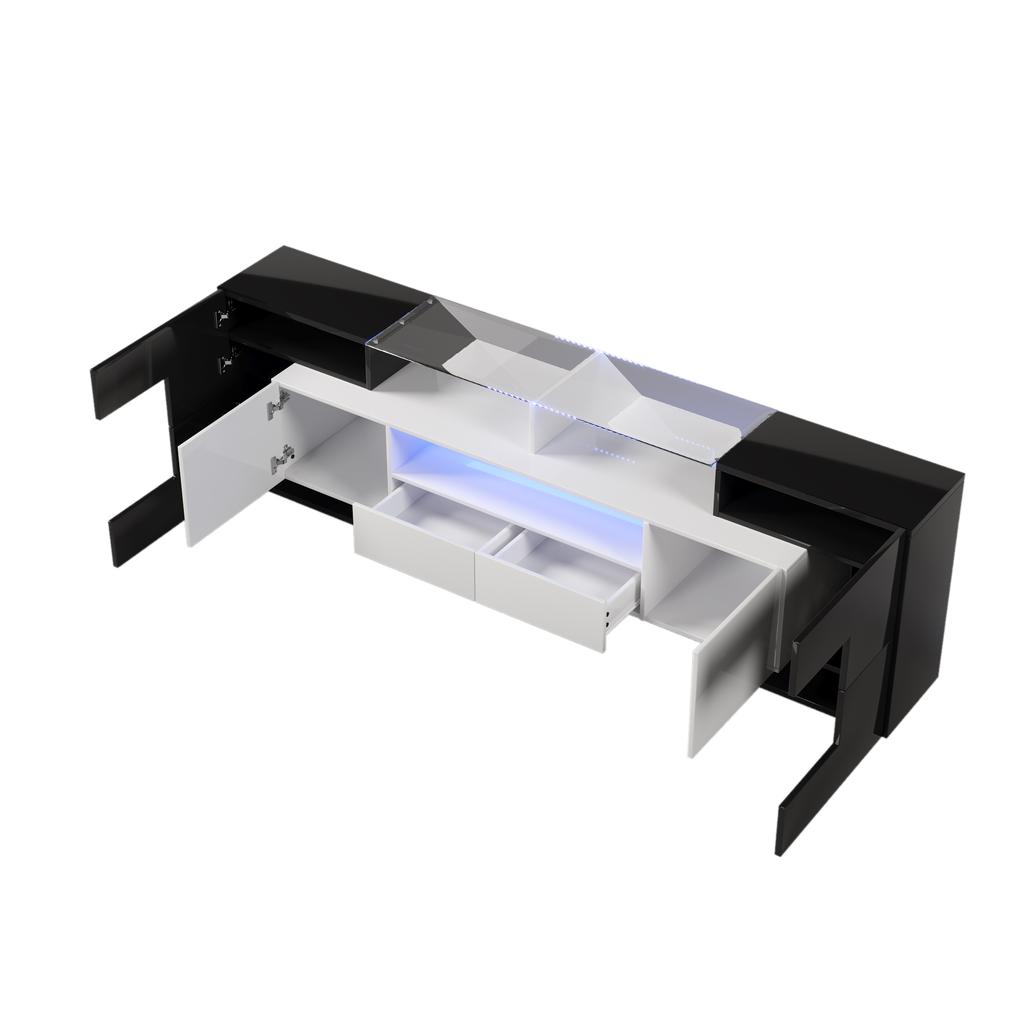Stylish TV cabinet, low panel. High-gloss white and black, 200 cm, LED lighting. Living room furniture. Modern design. Elegant glass surface.