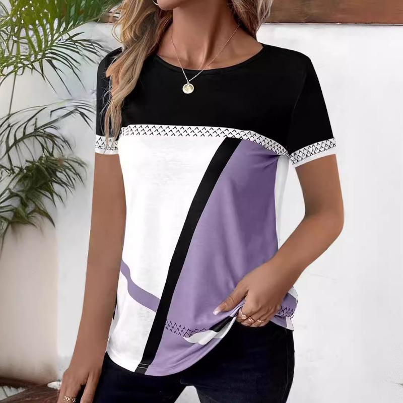Women Crew Neck Geometric Color Block Print Short Sleeve Loose Casual Tee