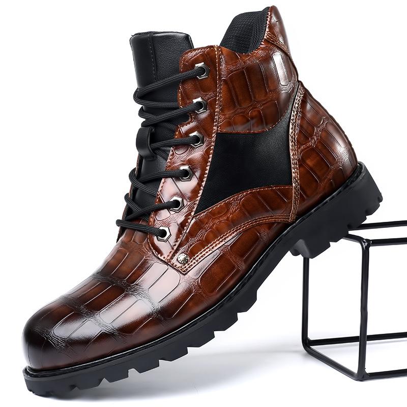 Men Shiny Mid-cut Boots Autumn Lace-up Crocodile Leather Men's Shoe Thick-soled Non-slip Motorcycle Ankle Boots Large Size 38-48