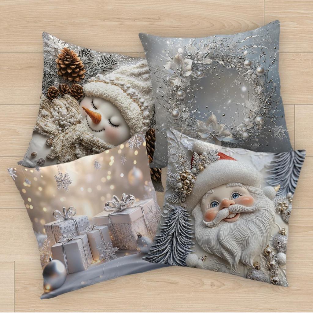 Cute Cartoon Christmas Pillowcase - Polyester Embroidered Print Sofa Cushion for Holiday Decoration