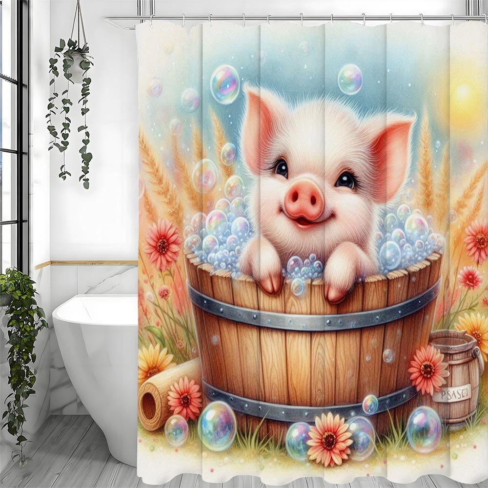

Farmhouse Pig Bath Time Shower Curtain Washable Dirt-Resistant Shower Head waterproof Polyester Bath Curtain For Home Decor 90x180CM