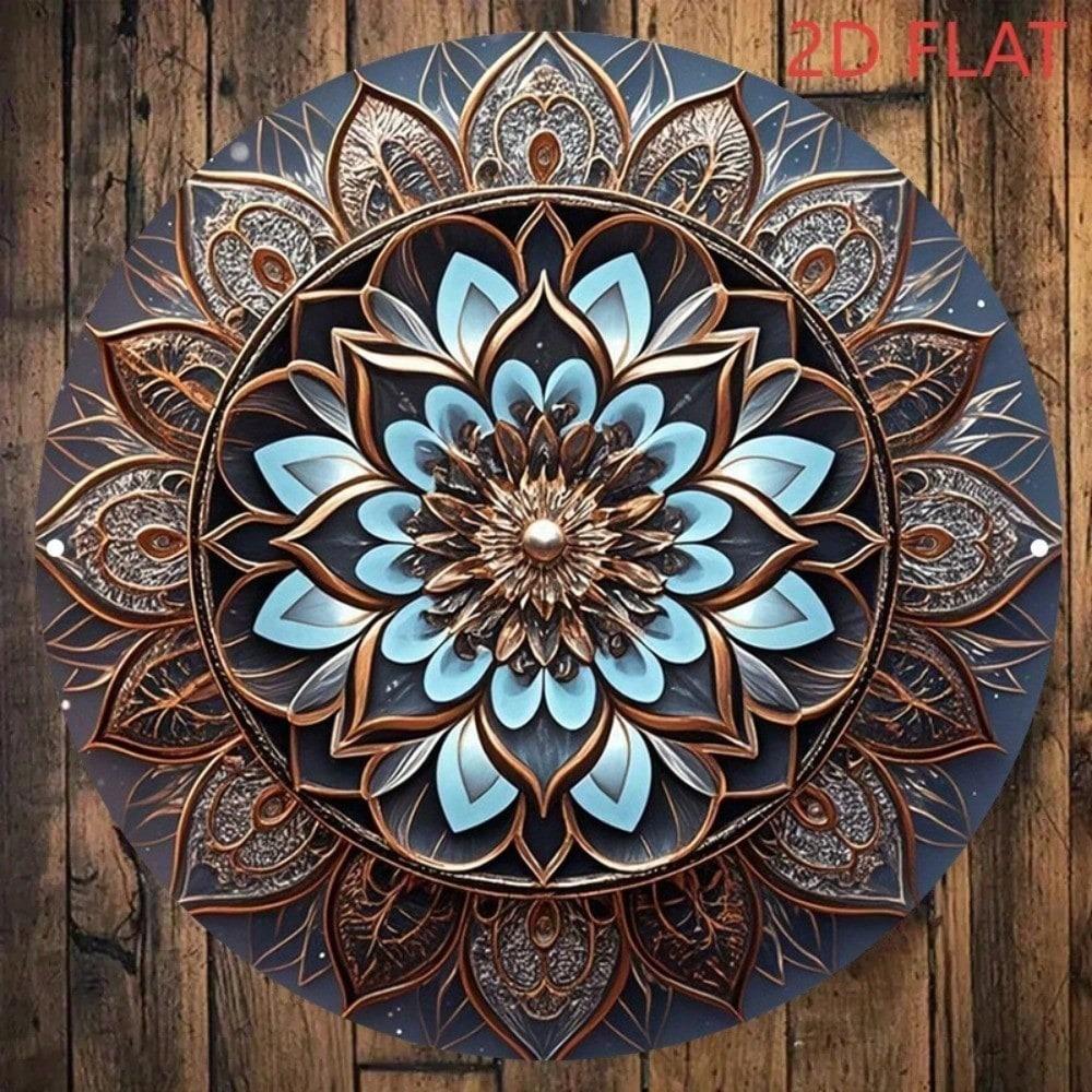 Tyrkysově modrá zlatá mandala kovové nástěnné umění 8x8 palců kulatá boho závěsná bezrámová dekorace do obývacího pokoje