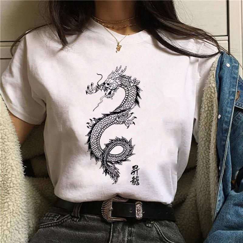 Harajuku Chinese Dragon Print Popular Fashion Trend Largesized Thin Unisexs and Womens Same Shortsleeved Tshirt Graphic