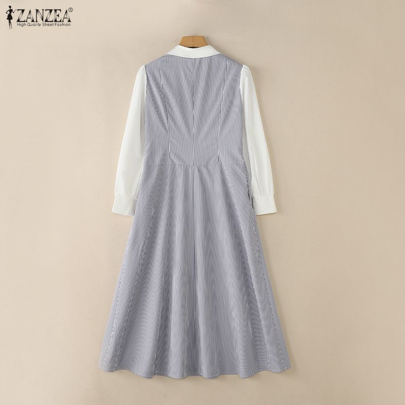 ZANZEA Women Casual Turn Down Collar Long Sleeve Elegant Stripe Dress