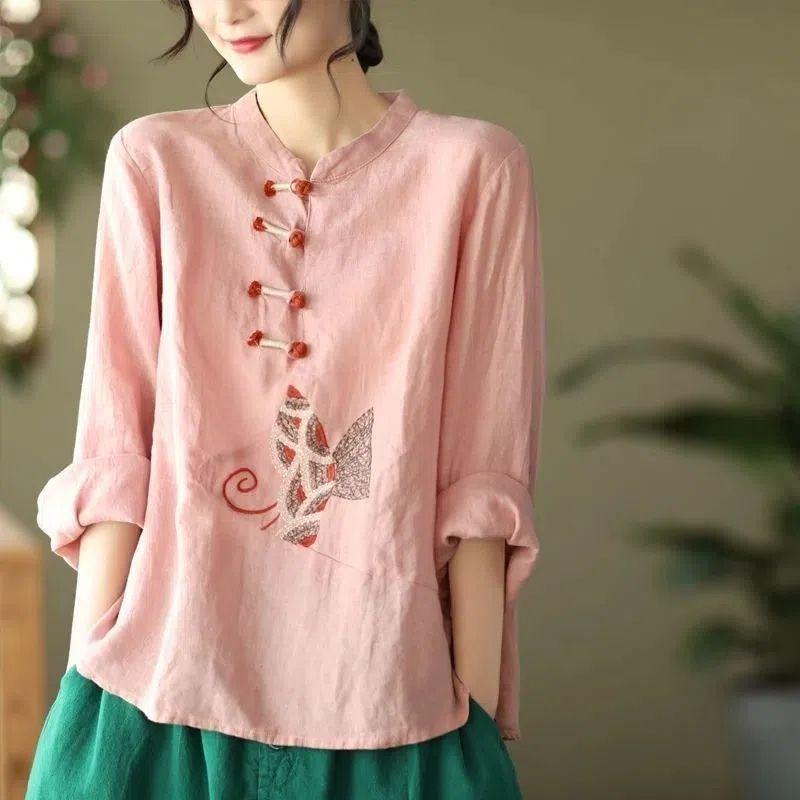 Ethnic Style Cotton and Linen Shirts for Women Spring and Autumn Long-sleeved Buttoned Tops Artistic Embroidered Loose Tops M розовый