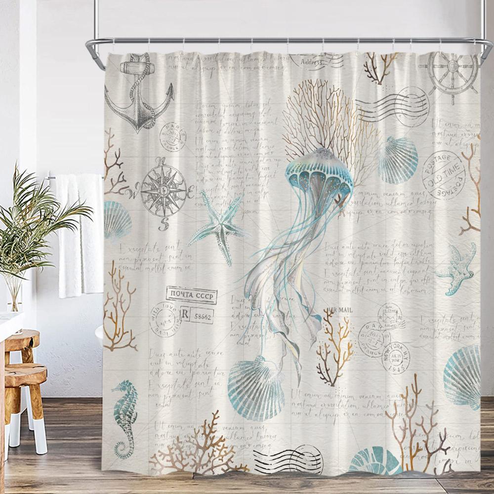 Cartoon Ocean Animals Watercolor Shower Curtains Octopus Turtle Jellyfish Whale Sea Bathroom Decorations Polyester Bath Curtains