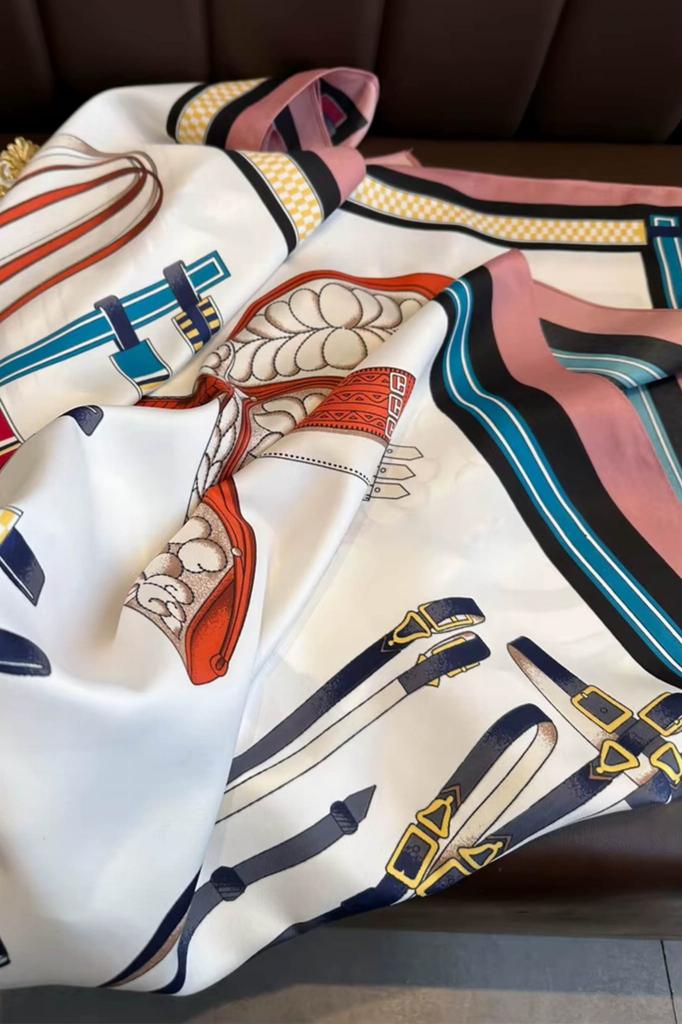 Women' Scarf 90X90 "Rose Equestrian Style" - Elegant Shawl with Horse Motif, Imitation Silk