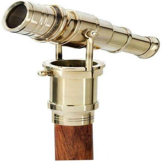 Vintage Brass Telescope Head Handle Victorian Style Wooden Walking Stick Cane