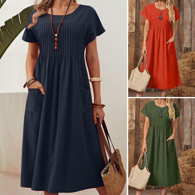 Yeni Yaz Düz O Yaka Cepli Büyük Beden Elbise Kadın Piliseli Kısa Kollu Pamuk ve Keten Günlük Elbiseler Kadın Moda Retro Plaj Bol Elbise 26506