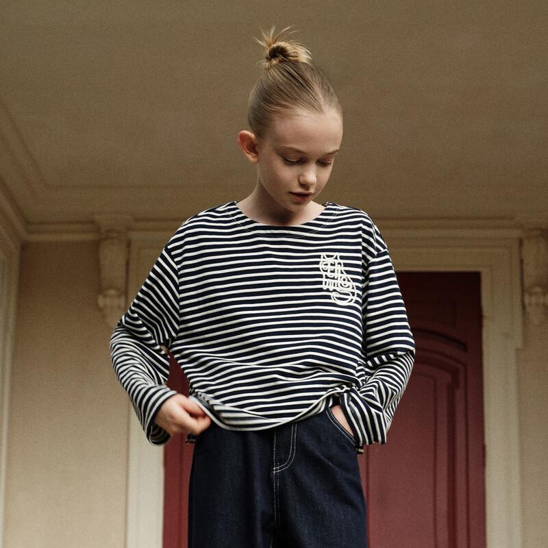 ELLE KIDS Girls  Navy Stripe Cat Embroidered Long Sleeve Tee 165