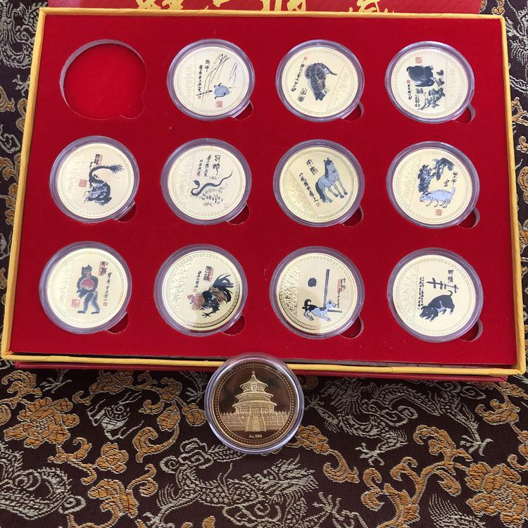 Qi Baishi 12 Zodiac Signs, Color Printing Commemorative Coins, Commemorative Medals, Used for Collection, Christmas gift, Stocking stuffers