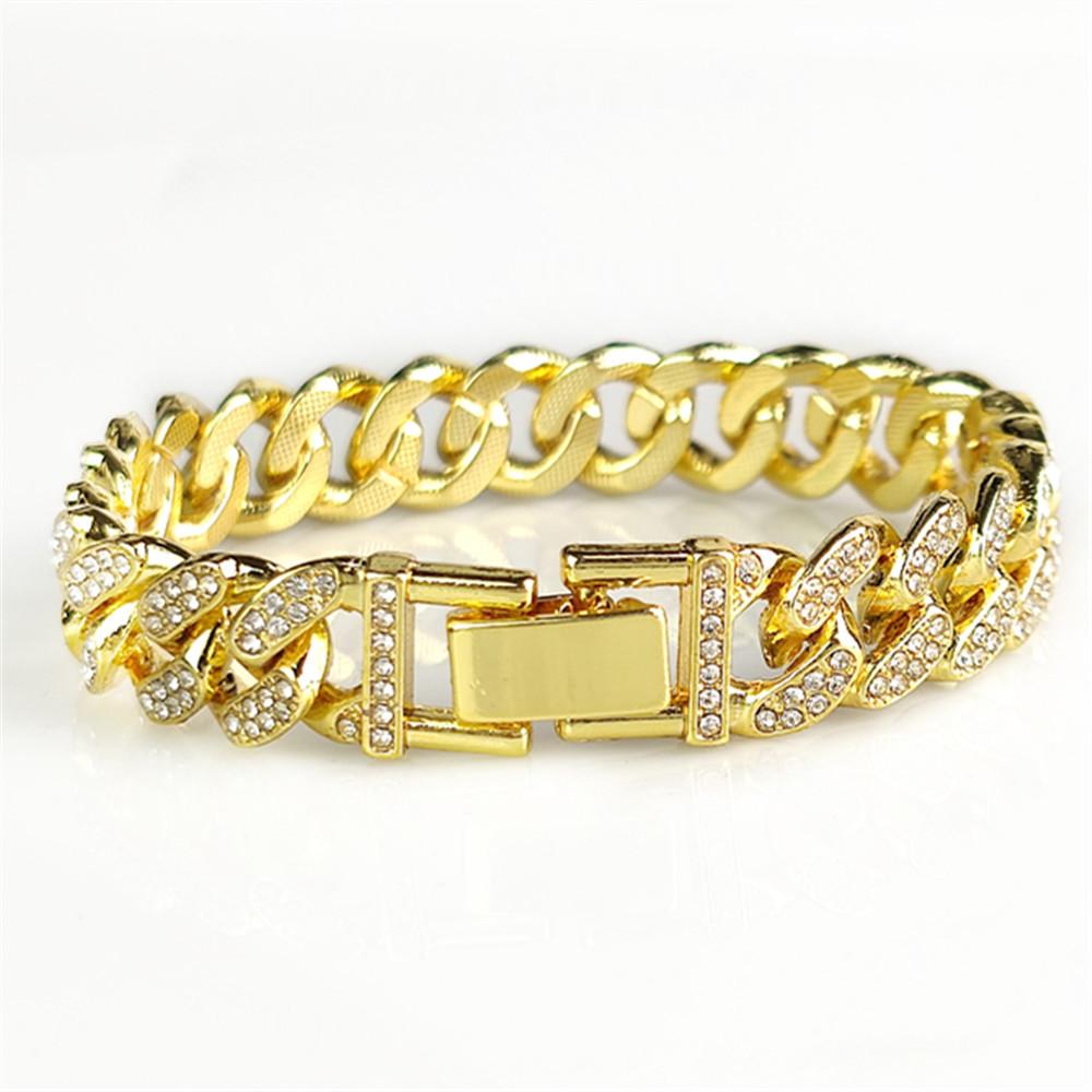 Hip Hop Shiny Cuban Link Chain Bracelets Women Men Gold Color Rhinestone Iced Out Chain Bracelets Punk Wristband Jewelry Gift